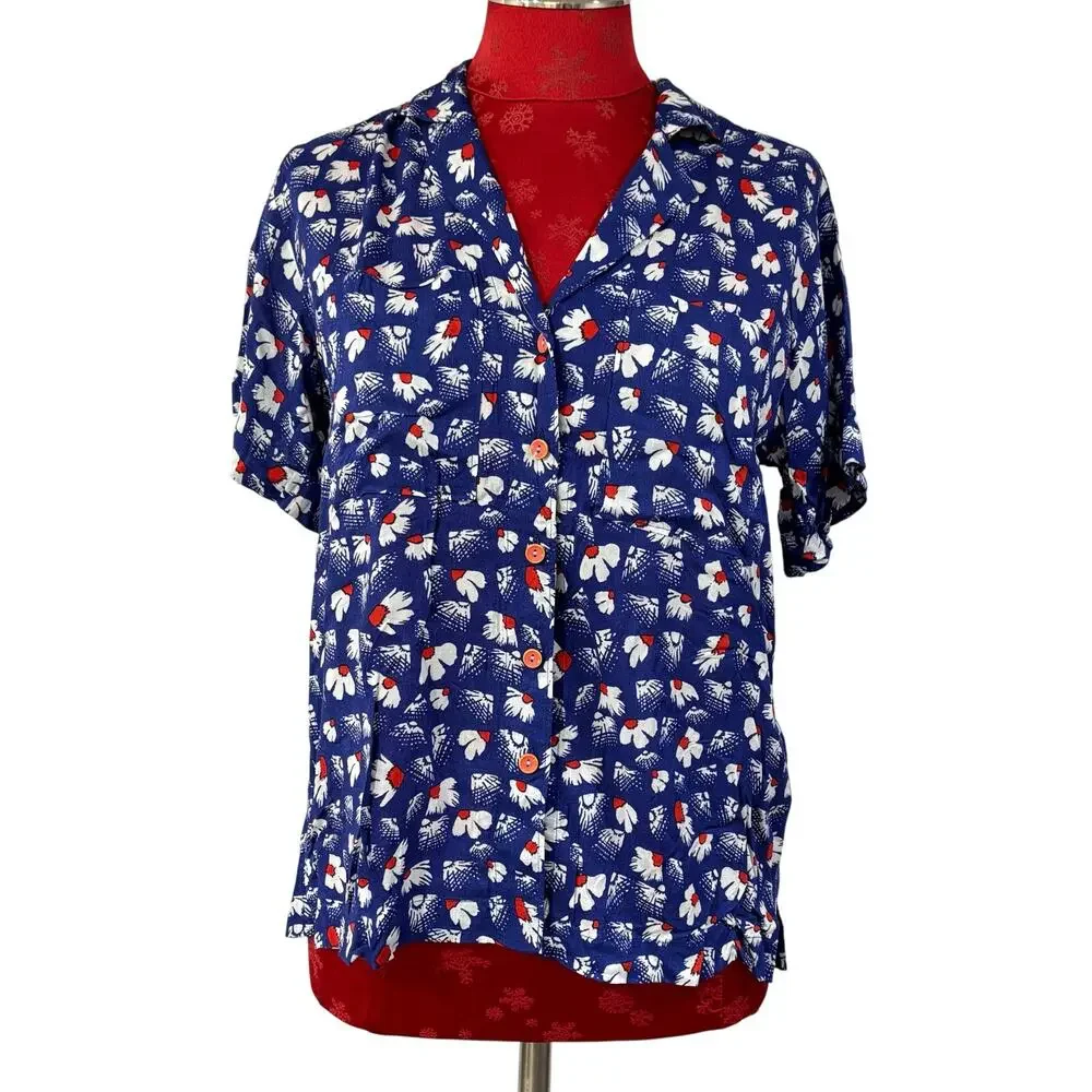 Maeve Anthropologie blouse size XS royal blue & white preppy casual silky